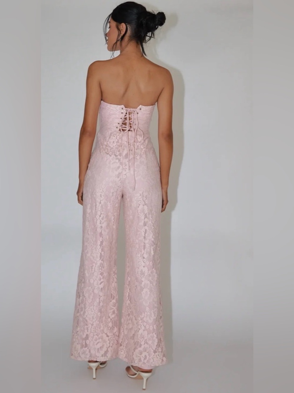 Blush Lace Corset Jumpsuit NWT Strapless Wide Leg Main Strip Size S - Picture 4 of 11